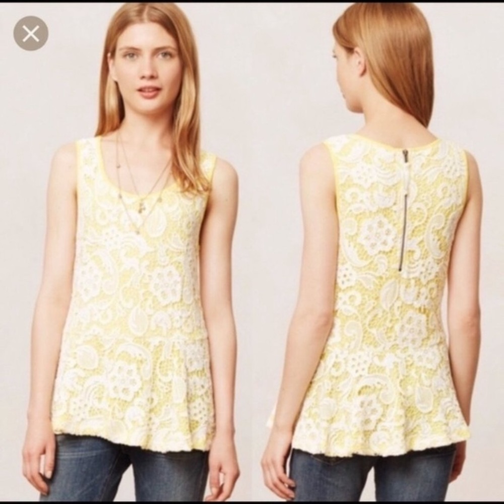 Meadow Rue by Anthropologie Emilia Yellow Crochet Peplum Top Top sz S